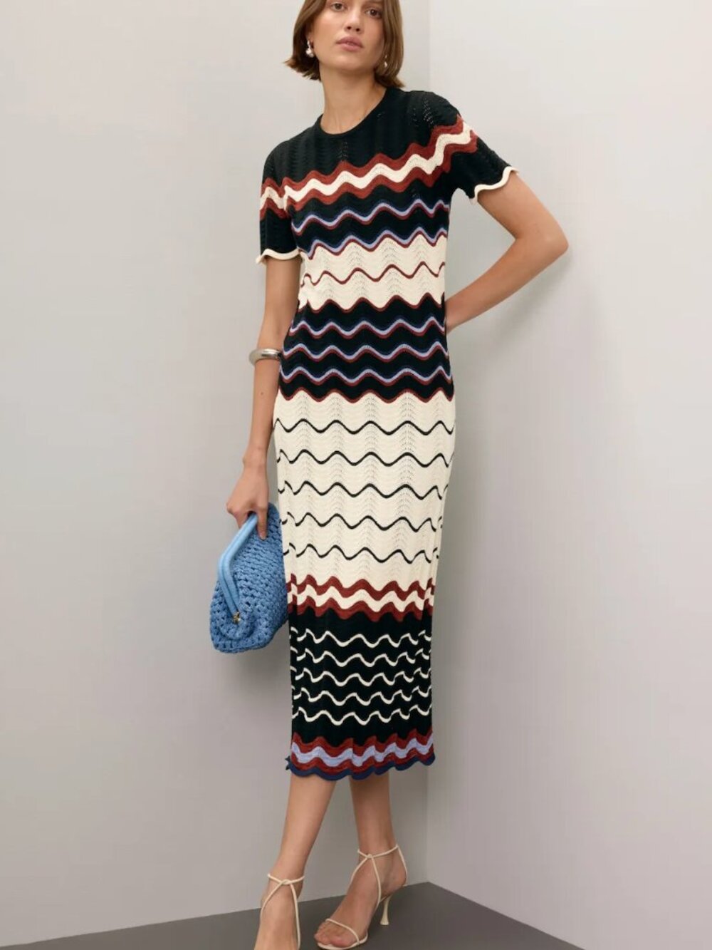 Tanya Taylor Leighton Chevron Knit Midi Dress Black & Cream Short Sleeve Large